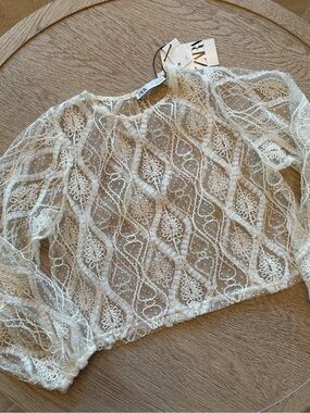 NWT Zara Sheer Ivory Lace Blouse With Ivory Embroidery
